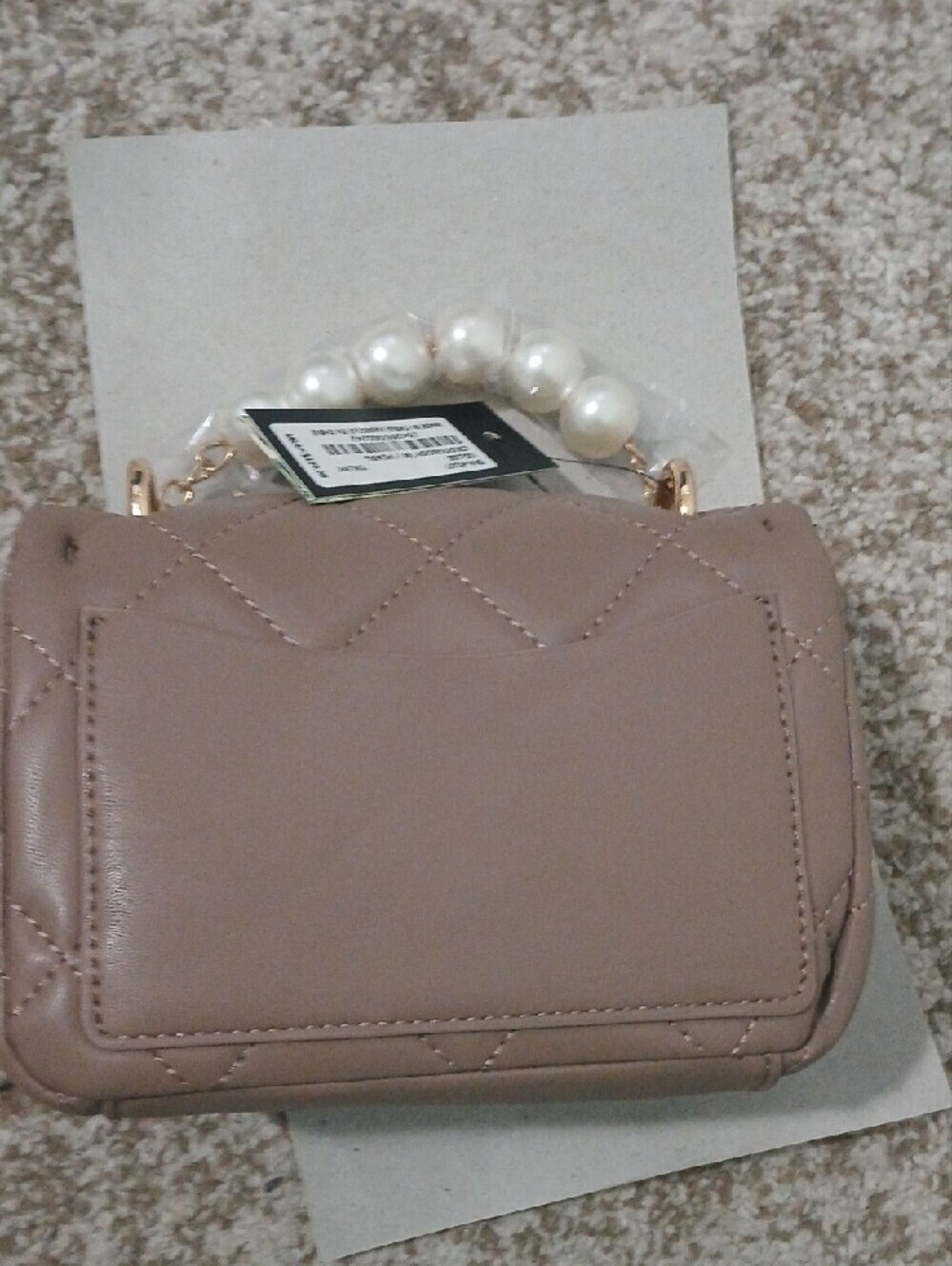 Badgley Mischka Taupe Quilted Crossbody Bag with Pearl Handle - Picture 6 of 9